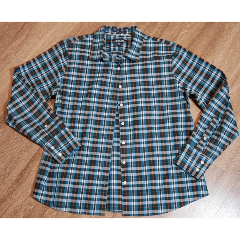 Lands‎ End No Iron Supima Cotton Plaid Button Down Shirt Teal Blue Womens 12P